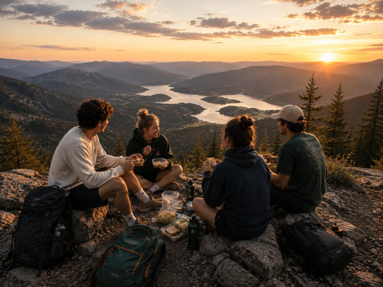 Four friends sharing a picnic at a mountain lookout at sunset